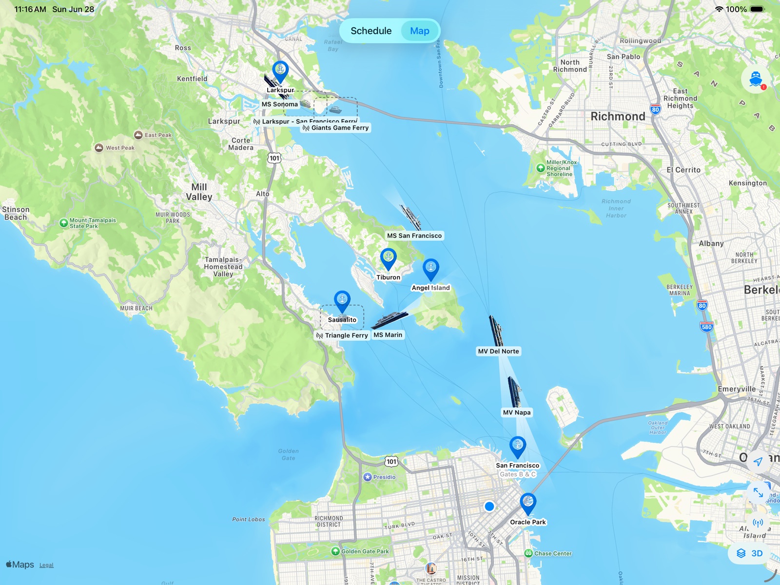 Ferry SF map on iPad with vessel detail